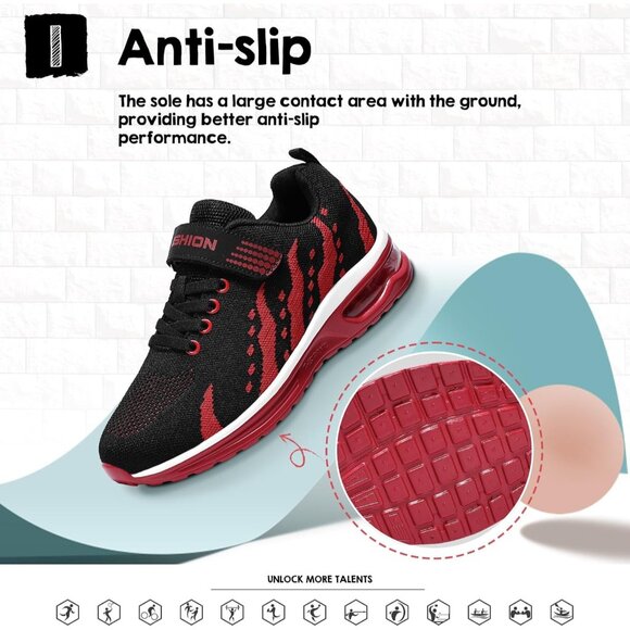 Kids 3208-black Red Running Breathable Lightweight Non Slip Comfortable Sneakers - Picture 5 of 7